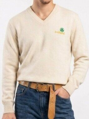 Vintage Traditional Craft Ireland Shamrock Ivory V-Neck Sweater 40/42 M/L